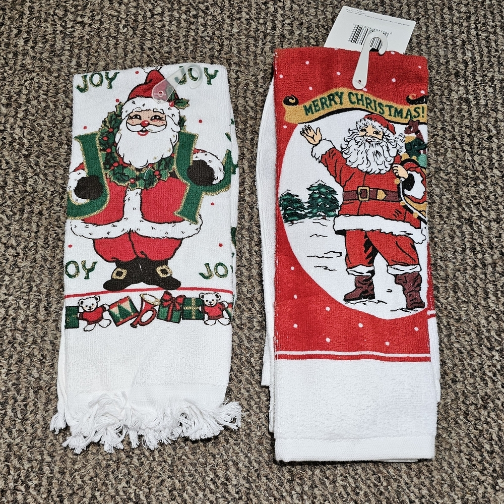 Vintage Christmas Holiday Kitchen Hand Towel Santa Claus Design Lot Of 2!